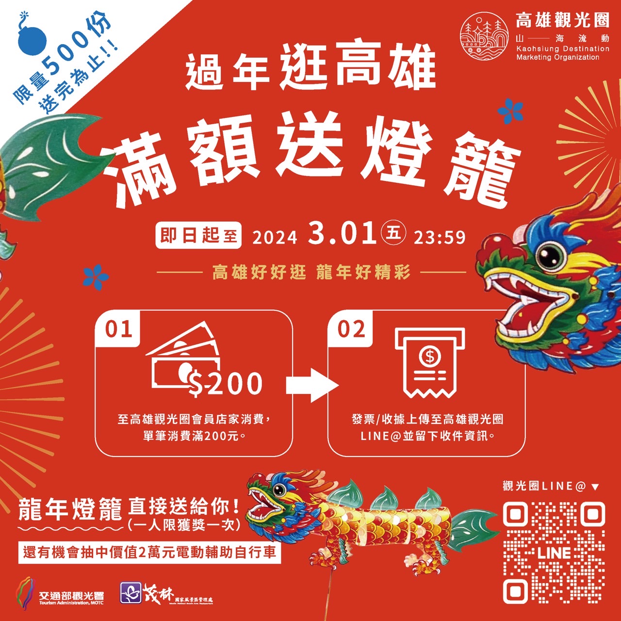 Shopping at Kaohsiung's tourist destinations to receive the Year of the Dragon Lantern, offered in limited quantity.