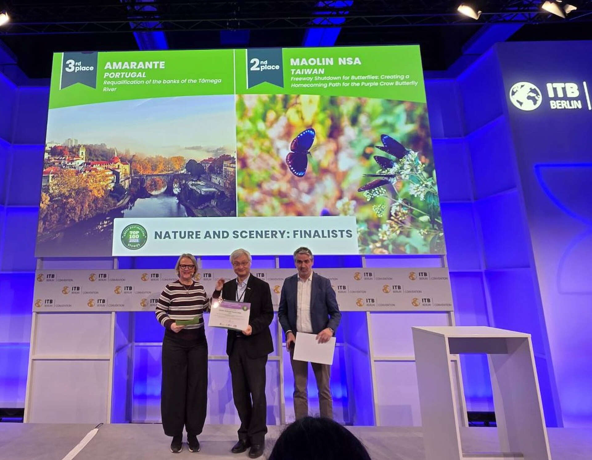 茂管處以「國道讓蝶道」的動人故事感動國際評審，於柏林旅展 Blue Stage 榮獲「綠色目的地故事獎」自然與景觀類全球第二名，象徵台灣生態保育接軌全球永續標準。
