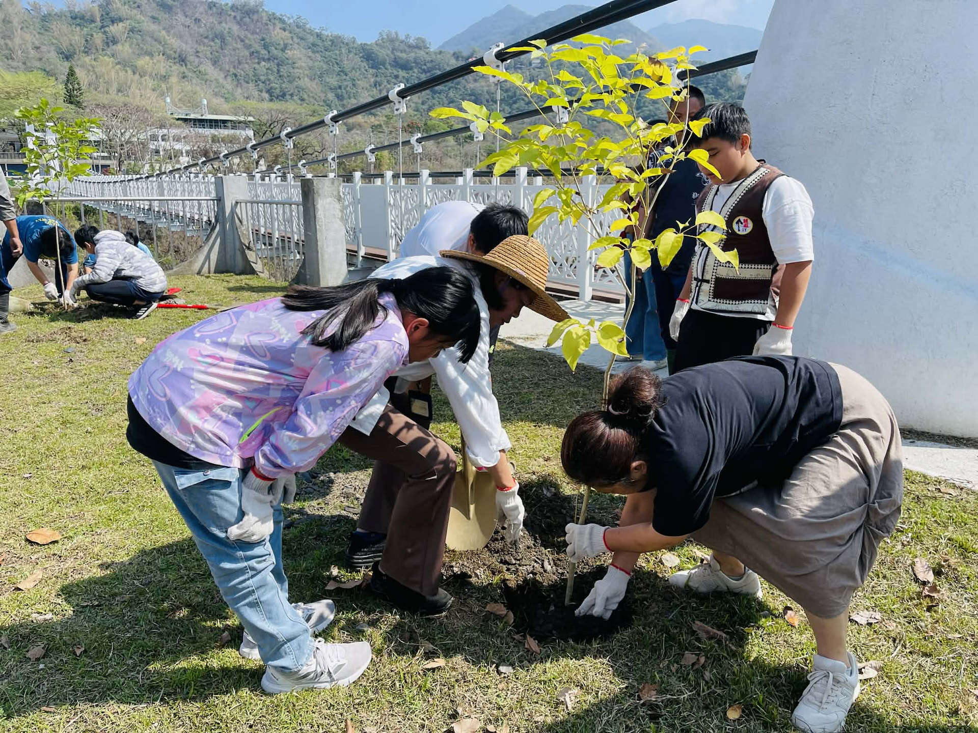 六龜育幼院的院生們親手在土坑中扶正樹苗、踏實土層